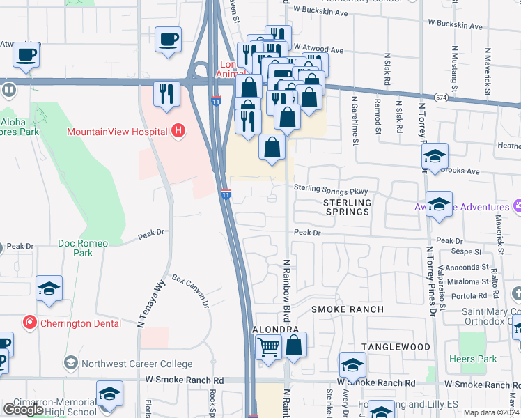 map of restaurants, bars, coffee shops, grocery stores, and more near 2801 North Rainbow Boulevard in Las Vegas