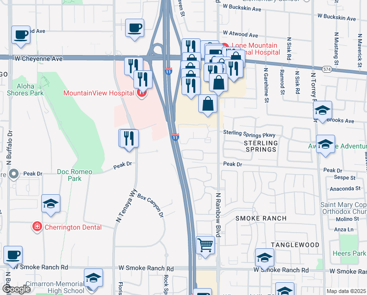 map of restaurants, bars, coffee shops, grocery stores, and more near 2801 North Rainbow Boulevard in Las Vegas