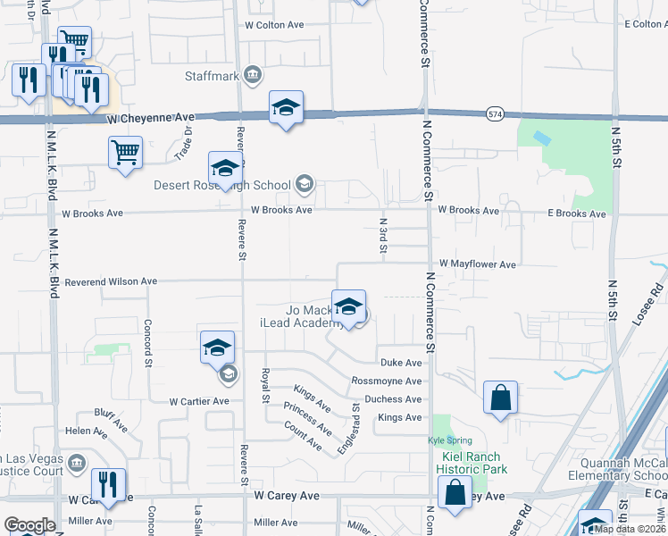 map of restaurants, bars, coffee shops, grocery stores, and more near 2 West Mayflower Avenue in North Las Vegas
