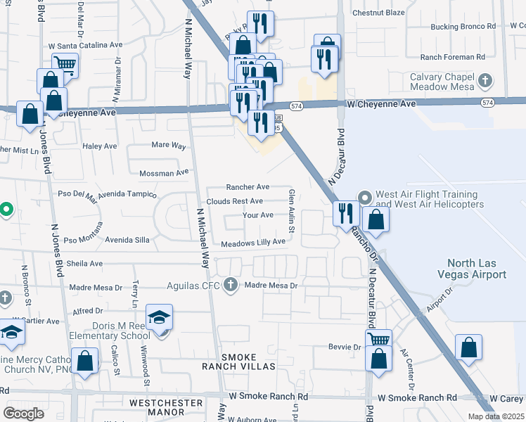 map of restaurants, bars, coffee shops, grocery stores, and more near 5104 Your Avenue in Las Vegas