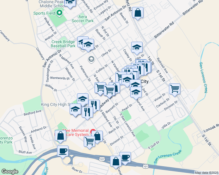 map of restaurants, bars, coffee shops, grocery stores, and more near 121 North San Lorenzo Street in King City