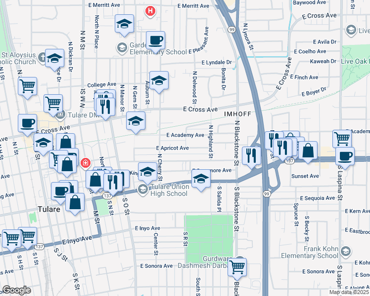 map of restaurants, bars, coffee shops, grocery stores, and more near 905 East Apricot Avenue in Tulare