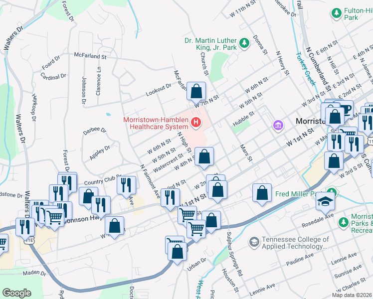 map of restaurants, bars, coffee shops, grocery stores, and more near 500-598 North High Street in Morristown