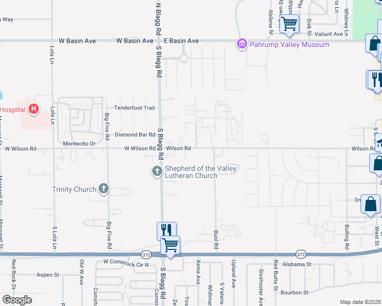 map of restaurants, bars, coffee shops, grocery stores, and more near 161 East Wilson Road in Pahrump