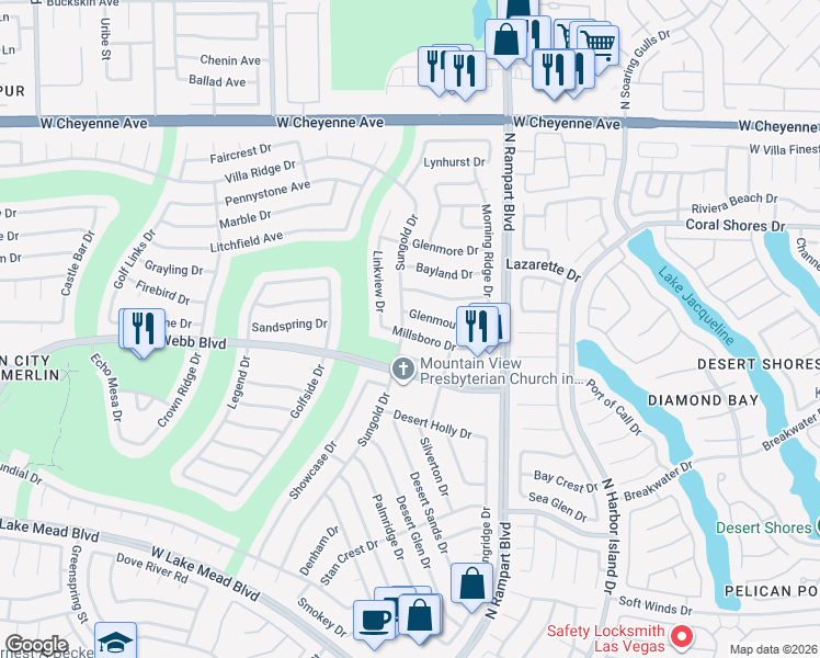 map of restaurants, bars, coffee shops, grocery stores, and more near 8620 Millsboro Drive in Las Vegas