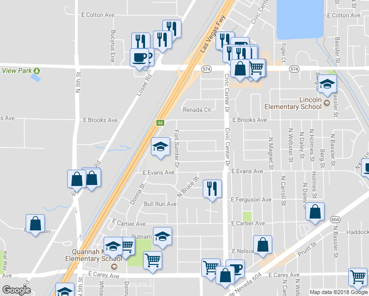 map of restaurants, bars, coffee shops, grocery stores, and more near 1315 Oakwood Avenue in North Las Vegas