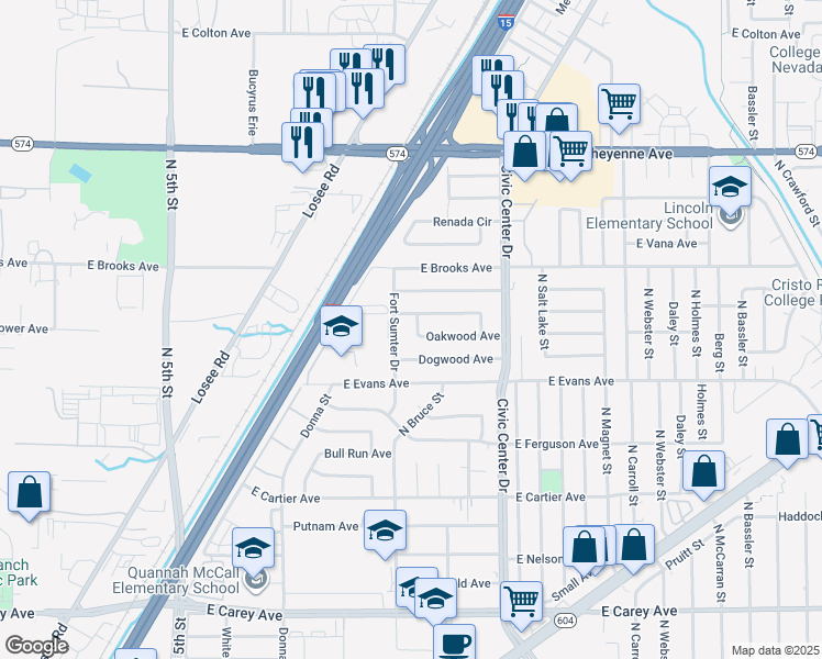 map of restaurants, bars, coffee shops, grocery stores, and more near 1315 Oakwood Avenue in North Las Vegas