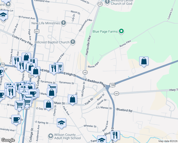 map of restaurants, bars, coffee shops, grocery stores, and more near 415 Rome Pike in Lebanon
