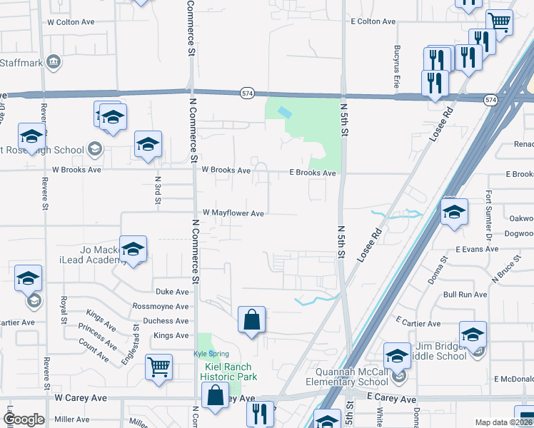map of restaurants, bars, coffee shops, grocery stores, and more near 2 West Mayflower Avenue in North Las Vegas