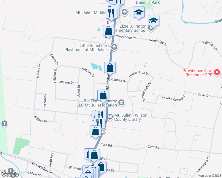 map of restaurants, bars, coffee shops, grocery stores, and more near 3007 North Mount Juliet Road in Mount Juliet