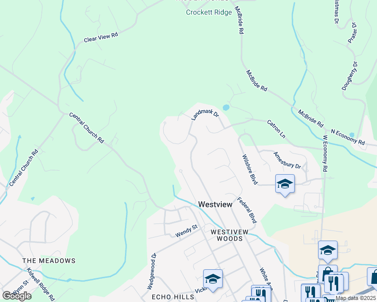 map of restaurants, bars, coffee shops, grocery stores, and more near 1027 Drinnon Drive in Morristown