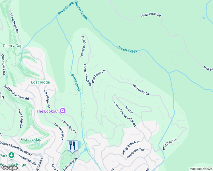map of restaurants, bars, coffee shops, grocery stores, and more near 127 West Blueberry Lane in Beech Mountain