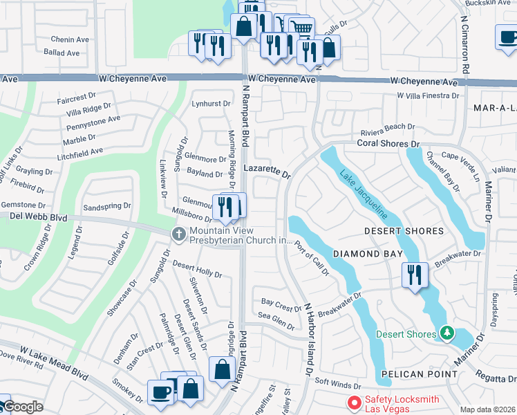map of restaurants, bars, coffee shops, grocery stores, and more near 8420 Honeywood Circle in Las Vegas