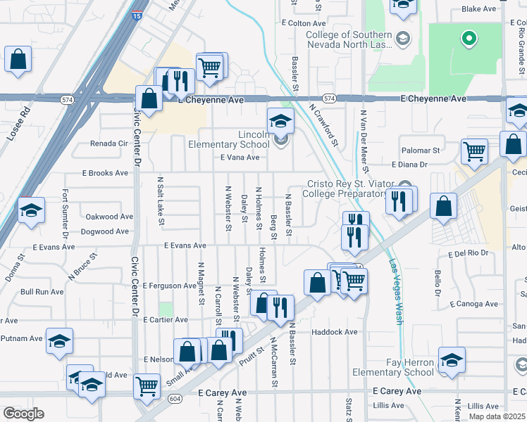 map of restaurants, bars, coffee shops, grocery stores, and more near 2820 Holmes Street in North Las Vegas