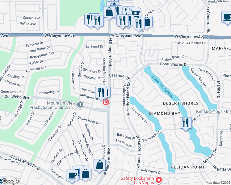map of restaurants, bars, coffee shops, grocery stores, and more near 8420 Honeywood Circle in Las Vegas