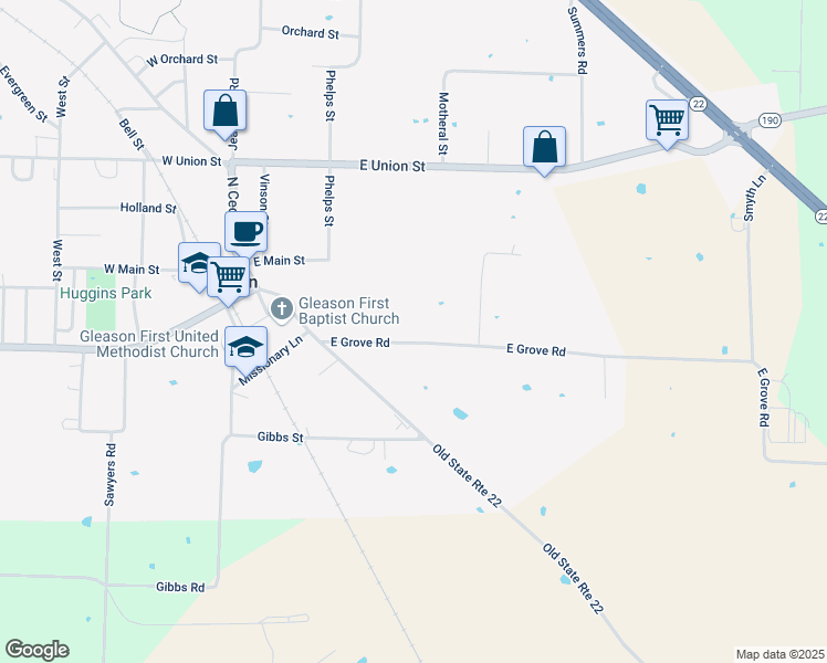 map of restaurants, bars, coffee shops, grocery stores, and more near 109 East Grove Road in Gleason