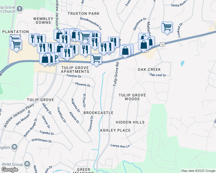 map of restaurants, bars, coffee shops, grocery stores, and more near 537 Raleigh Drive in Nashville