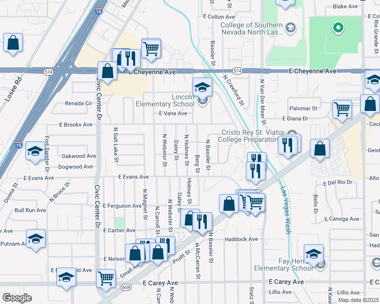map of restaurants, bars, coffee shops, grocery stores, and more near 2820 Holmes Street in North Las Vegas
