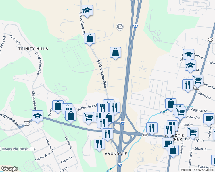 map of restaurants, bars, coffee shops, grocery stores, and more near Dennis Drive in Nashville