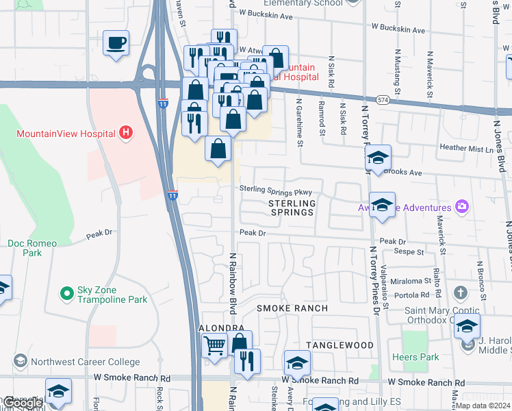 map of restaurants, bars, coffee shops, grocery stores, and more near 6705 Silvery Avenue in Las Vegas