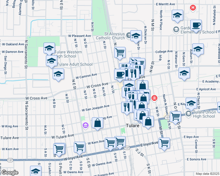 map of restaurants, bars, coffee shops, grocery stores, and more near 401 North I Street in Tulare