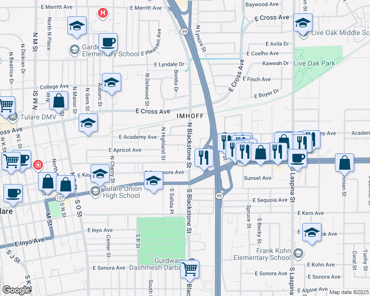 map of restaurants, bars, coffee shops, grocery stores, and more near 1097 East Apricot Avenue in Tulare