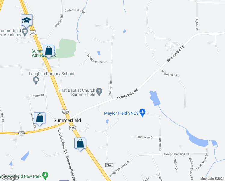 map of restaurants, bars, coffee shops, grocery stores, and more near 7710 Robinson Road in Summerfield