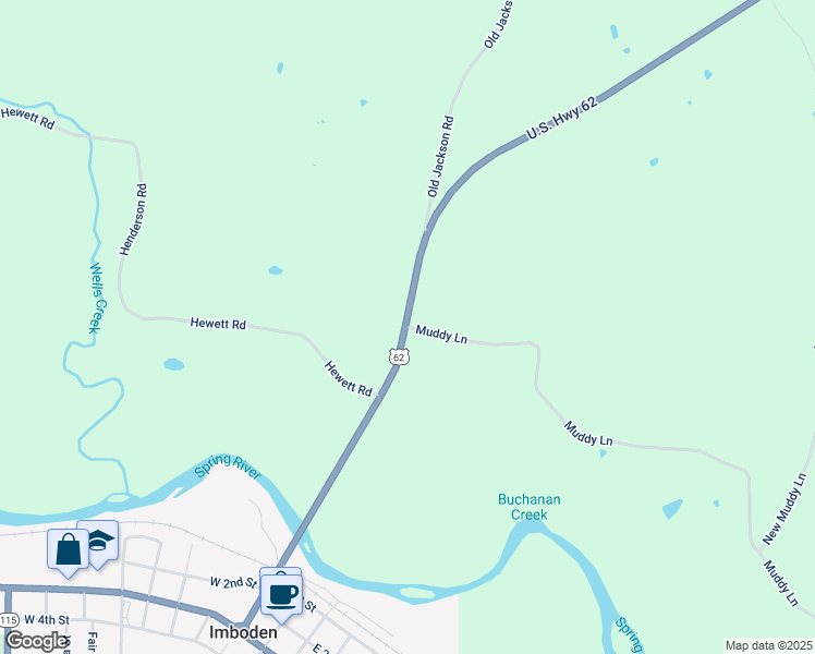 map of restaurants, bars, coffee shops, grocery stores, and more near 613 Muddy Lane in Imboden