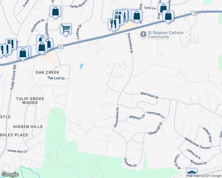 map of restaurants, bars, coffee shops, grocery stores, and more near 2300C Devonshire Drive in Mt. Juliet