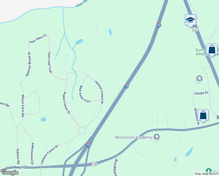 map of restaurants, bars, coffee shops, grocery stores, and more near 7620 Henson Forest Drive in Summerfield