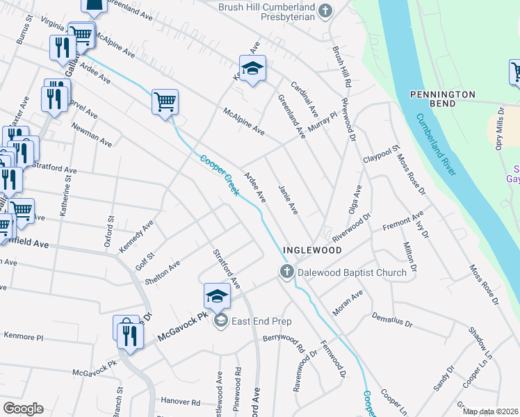 map of restaurants, bars, coffee shops, grocery stores, and more near 1603 Golf Street in Nashville