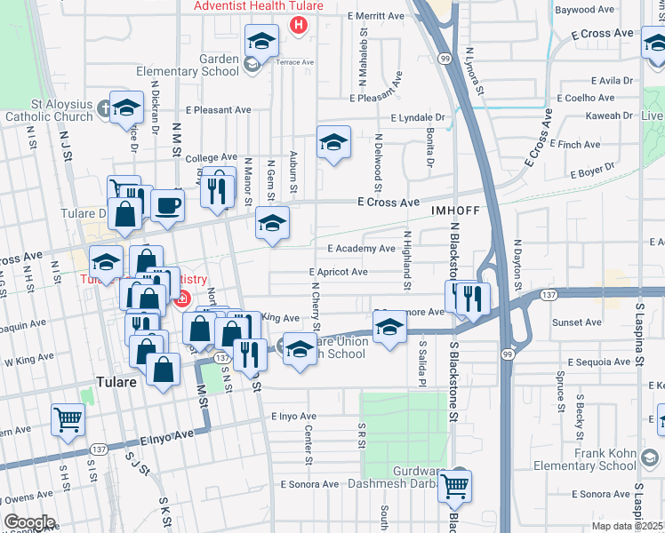 map of restaurants, bars, coffee shops, grocery stores, and more near 836 East Apricot Avenue in Tulare