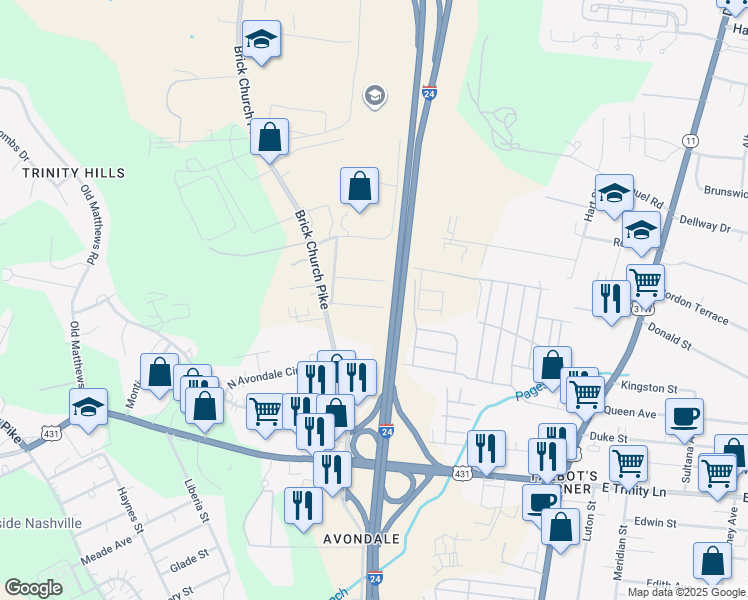 map of restaurants, bars, coffee shops, grocery stores, and more near 435 Dennis Drive in Nashville