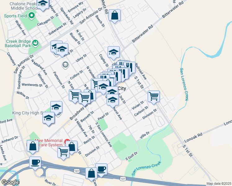 map of restaurants, bars, coffee shops, grocery stores, and more near in King City