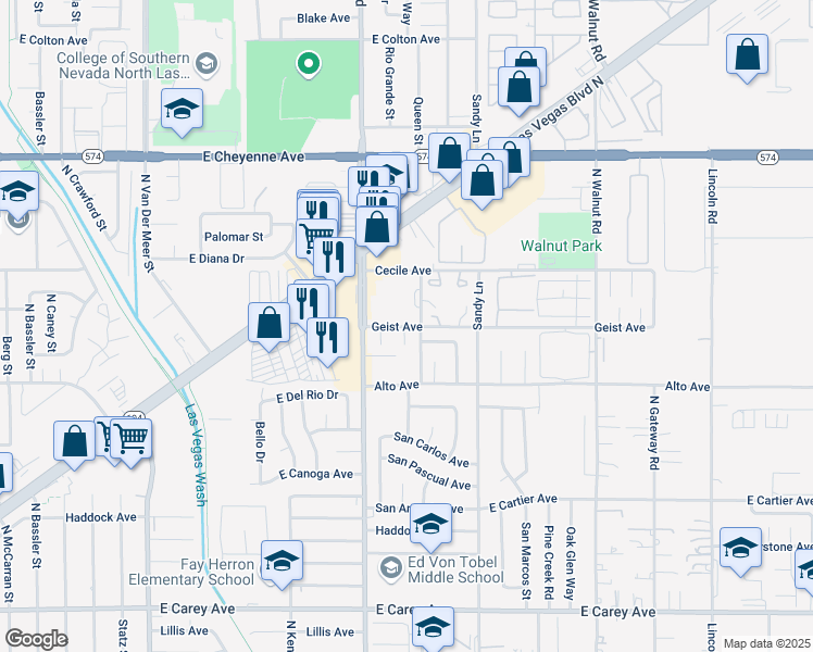 map of restaurants, bars, coffee shops, grocery stores, and more near 2820 Geist Court in Las Vegas