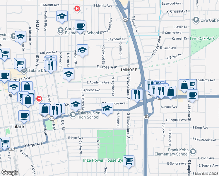 map of restaurants, bars, coffee shops, grocery stores, and more near 980 East Apricot Avenue in Tulare