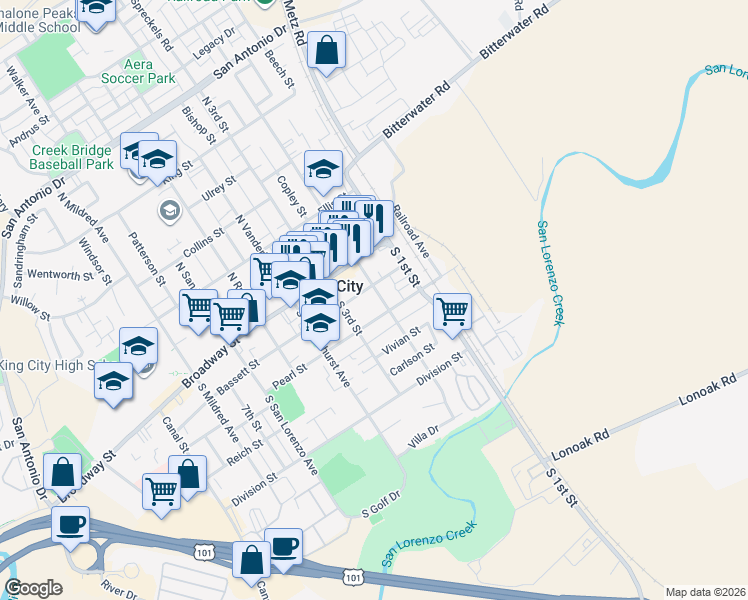map of restaurants, bars, coffee shops, grocery stores, and more near 212 South 2nd Street in King City