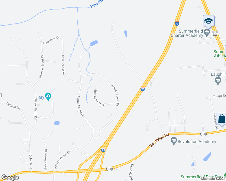 map of restaurants, bars, coffee shops, grocery stores, and more near 7633 Henson Forest Drive in Summerfield