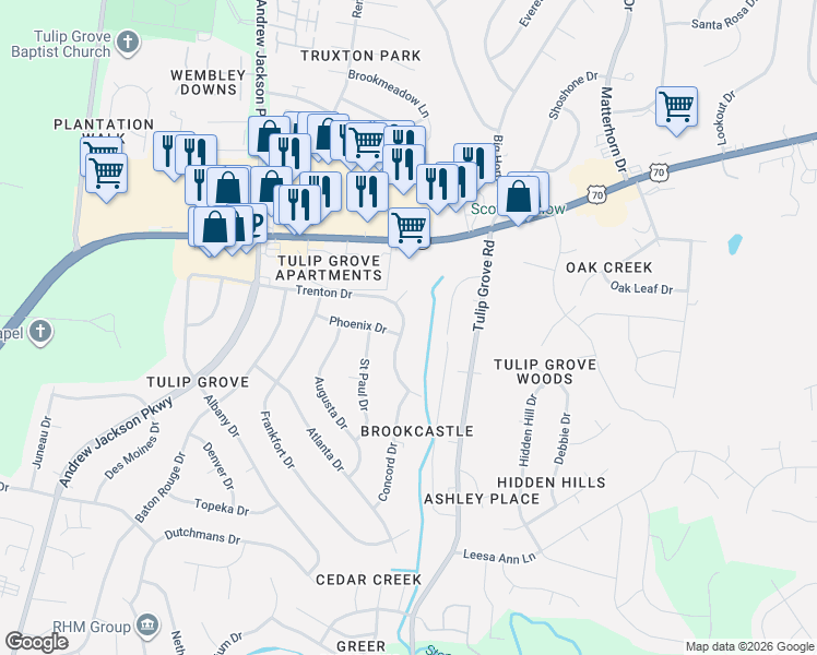 map of restaurants, bars, coffee shops, grocery stores, and more near 4754 Trenton Drive in Nashville