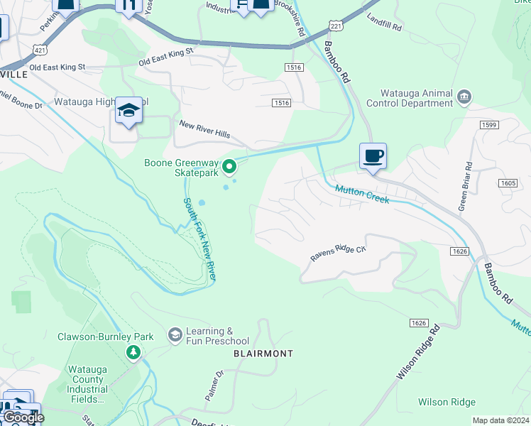 map of restaurants, bars, coffee shops, grocery stores, and more near 145 East Cove Lane in Boone