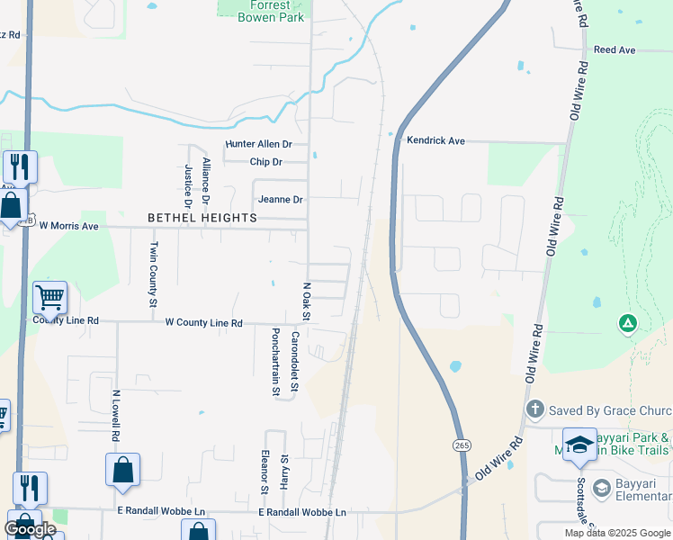map of restaurants, bars, coffee shops, grocery stores, and more near 627 Mulberry Lane in Bethel Heights