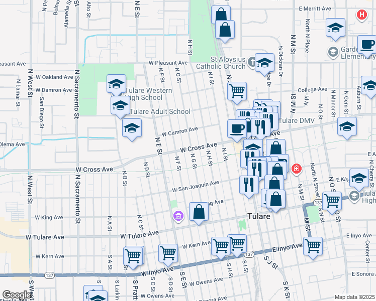 map of restaurants, bars, coffee shops, grocery stores, and more near 315 West Cross Avenue in Tulare