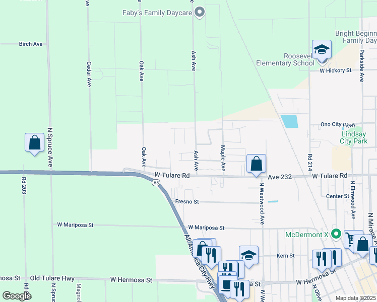 map of restaurants, bars, coffee shops, grocery stores, and more near 801 Ash Avenue in Lindsay