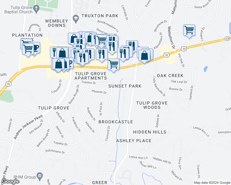 map of restaurants, bars, coffee shops, grocery stores, and more near 4754 Trenton Drive in Nashville