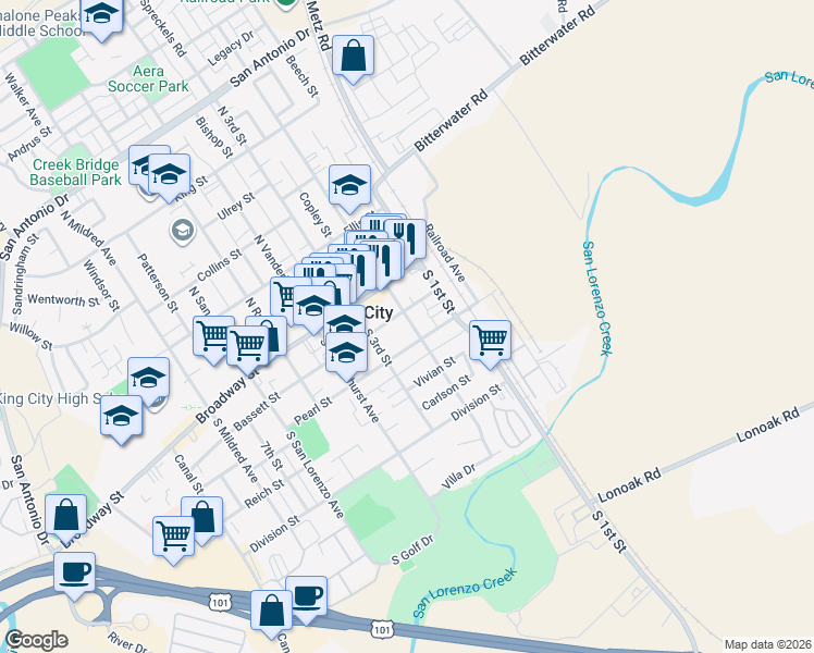map of restaurants, bars, coffee shops, grocery stores, and more near 212 South 2nd Street in King City