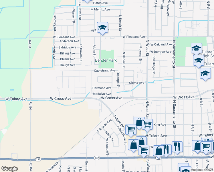 map of restaurants, bars, coffee shops, grocery stores, and more near 1714 Santa Cruz Drive West in Tulare
