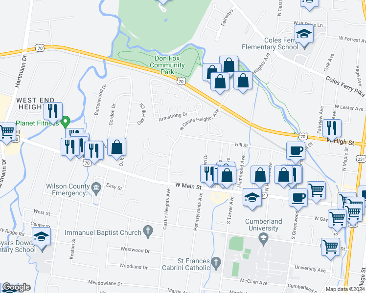 map of restaurants, bars, coffee shops, grocery stores, and more near 115 North Castle Heights Avenue in Lebanon