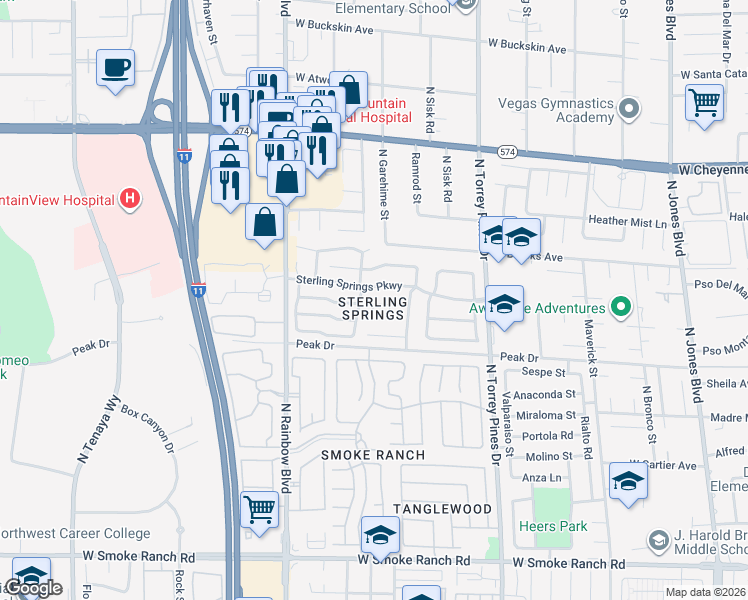map of restaurants, bars, coffee shops, grocery stores, and more near 6552 Sterling Springs Parkway in Las Vegas