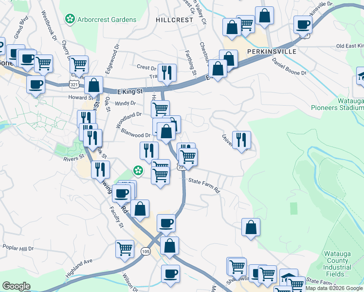 map of restaurants, bars, coffee shops, grocery stores, and more near 202 Eric Lane in Boone