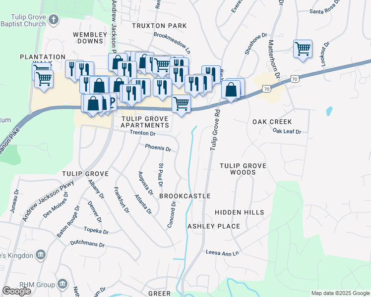 map of restaurants, bars, coffee shops, grocery stores, and more near 4742 Trenton Drive in Nashville
